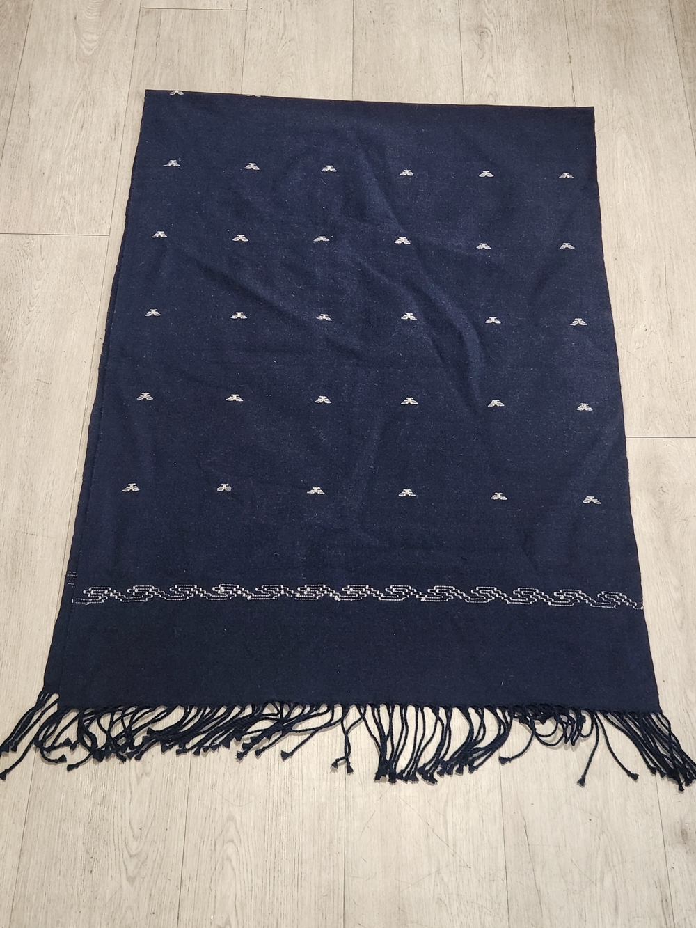 VTG Handwoven Navy Blue Wool Rebozo Shawl Wrap Fringe